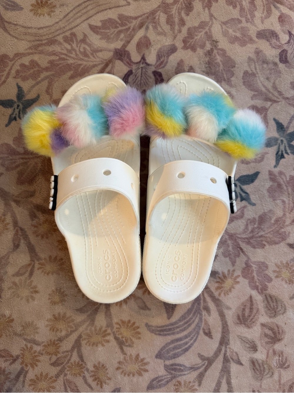 Crocs Slide Sandals with Pastel Rainbow Fur